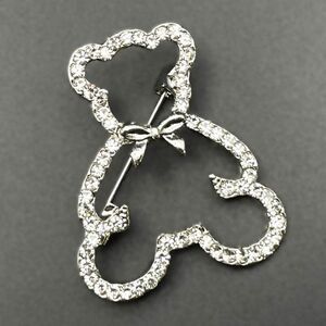 Silver with White Diamond Crystal Teddy Bear and Bow Silhouette Pin Back Brooch